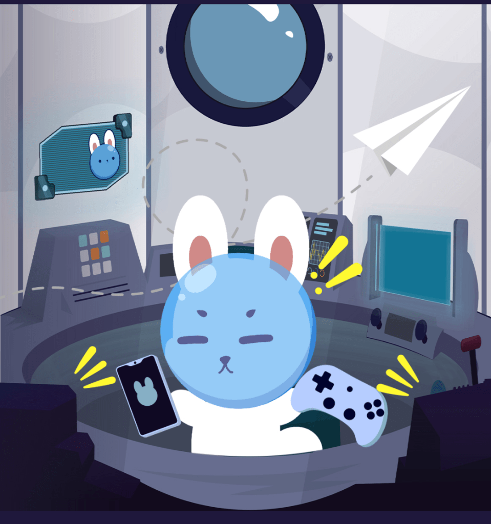 planit-rabbit-bunny-in-space-in-spaceship-using-phone-playing-game-with-paper-plane-flying-around