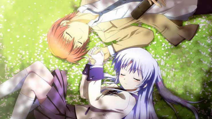 Angel Beats! Kanade Tachibana Yuzuru Otonashi lying in grass facing each other