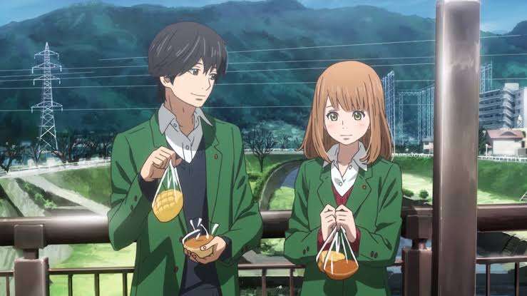 orange anime Kakeru Naruse Naho Takamiya holding their food smiling blushing