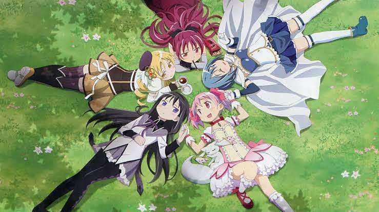 puella-magi-madoka-magica Homura Akemi Madoka Kaname Kyouko Sakura Mami Tomoe Sayaka Miki lying in grass