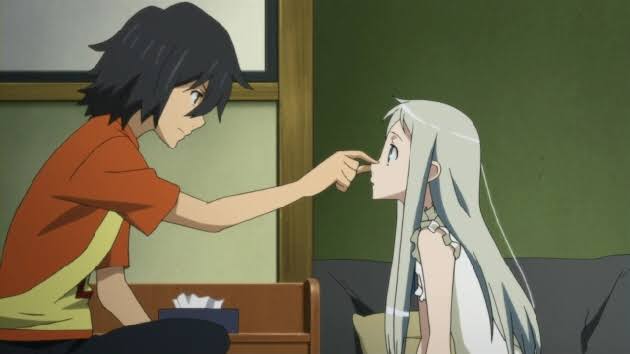 Anohana-The-Flower-We-Saw-That-Day-Meiko-Honma-Jinta-Yadomi-pinching-her-nose-and-smiling